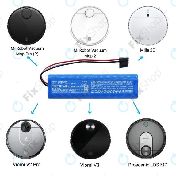 Batteria per Xiaomi Mi Robot Vacuum Mop Pro (P), 2 (Mijia 2C), Viomi V2 Pro, Proscenic LDS M7, STYJ02YM, MH1-4S1P-SC, Li-Ion, 2600mAh, 14.4V, HQ