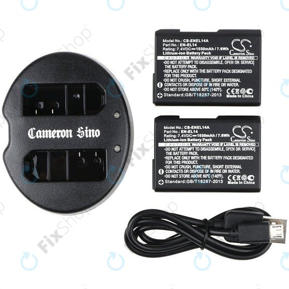 Batteria per Nikon Coolpix P7000, P7700, D3100, D3200, D5100, 1030mAh, Li-Ion, 7.4V, EN-EL14, 2pz con caricabatterie, HQ