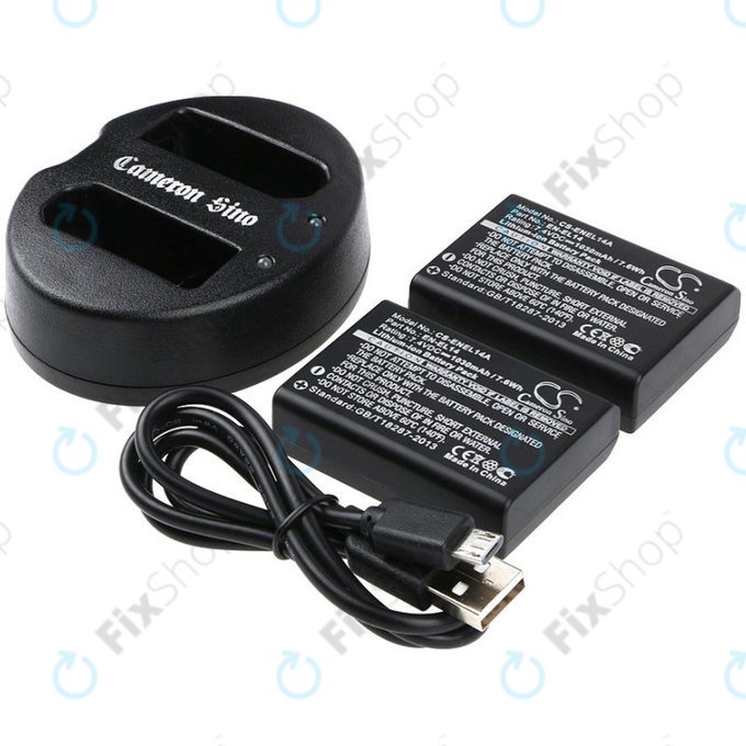 Batteria per Nikon Coolpix P7000, P7700, D3100, D3200, D5100, 1030mAh, Li-Ion, 7.4V, EN-EL14, 2pz con caricabatterie, HQ