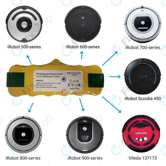 Batteria per iRobot Roomba 500, 600, 700, 800, 900-seriess, R3, Scooba 450, Vileda 137173, 11702, GD-Roomba-500, VAC-500NMH-33, Ni-MH, 3300mAh, 14.4V