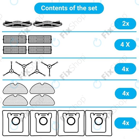 Set di ricambio per Xiaomi Viomi Alpha 2 PRO, V5 PRO, V5 (2x Spazzole principali, 4x Filtri, 4x Spazzole laterali, 4x Panni per mocio, 4x Sacchetti per la polvere)