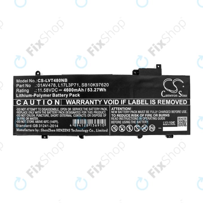 Batteria per Lenovo ThinkPad T480S, 01AV478, Li-Pol, 4600mAh, 11.58V, HQ