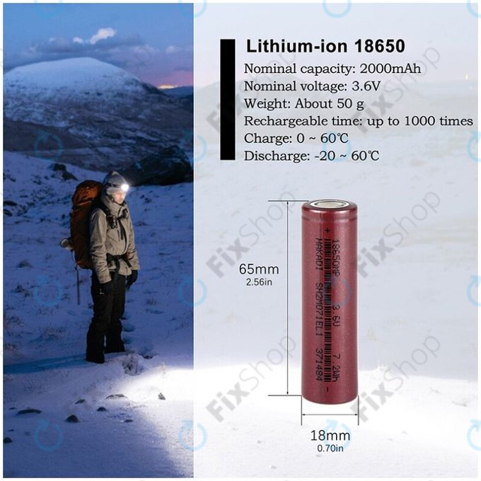 Batteria  Cell 18650, Li-Ion, 2000mAh, 3.6V