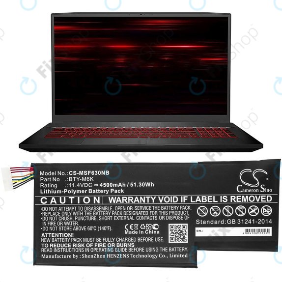 Batteria per MSI GF63, MSI GF75, MSI GS63, BTY-M6K, Li-Pol, 4500mAh, 11.4V, HQ