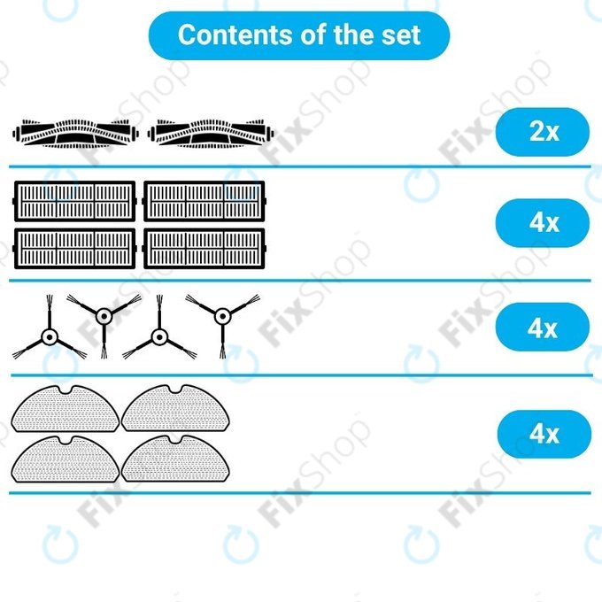Set di ricambio per Xiaomi Roborock S5 Max, S6, S6 MaxV, S6 Pure, Xiaowa E3 (2x spazzole principali, 4x filtri, 4x spazzole laterali - Nero, 4x panni mop)