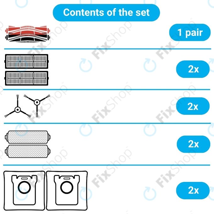 Set di ricambi per Dreame Aqua 10, 10 Ultra (1 paio di spazzole principali, 2x filtro, 2x spazzola laterale, 2x panno mop, 2x sacchetto polvere)