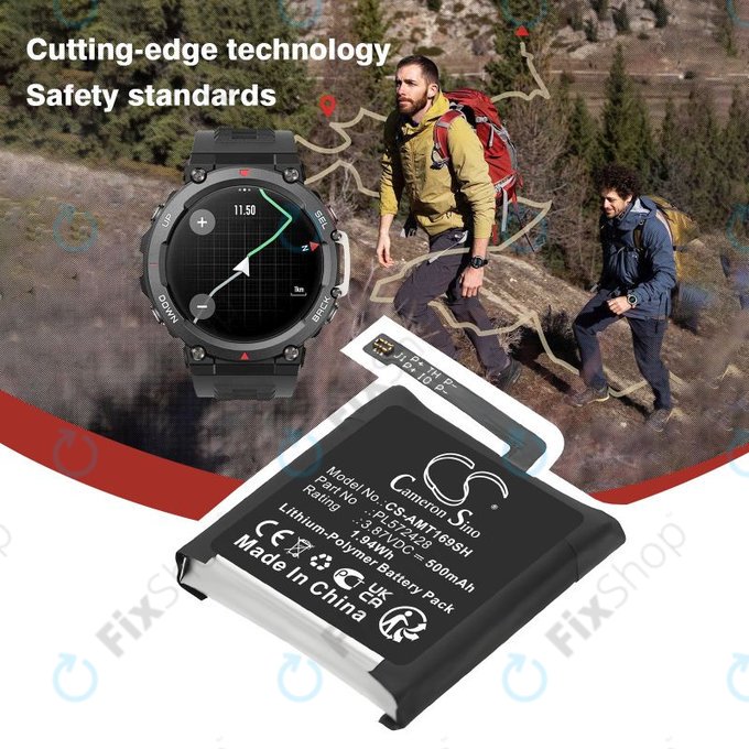 Batteria per Amazfit T-Rex 2, A2169 A2170 PL572428, Li-Pol, 500mAh, 3.87V, HQ