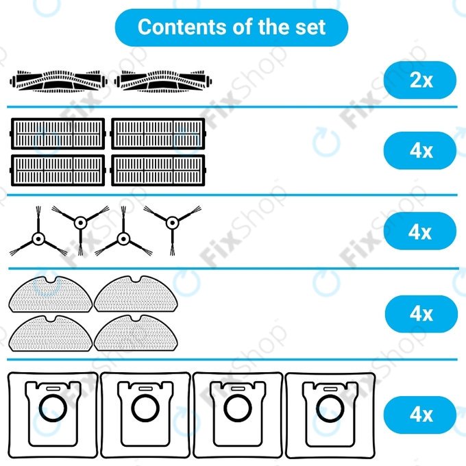 Set di ricambio per Xiaomi RobGoldck Q7+, Q7 Max, Q7 Max+ (2x spazzola principale, 4x filtro, 4x spazzola laterale - White, 4x panno lavapavimenti, 4x sacchetto raccoglipolvere)