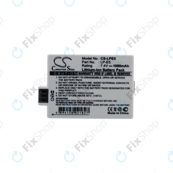 Batteria per Canon EOS 450D, 500D, 1000D, Kiss F, Kiss X2, Kiss X3, Rebel T1i, XS, XSi, LP-E5, Li-Ion, 1080mAh, HQ