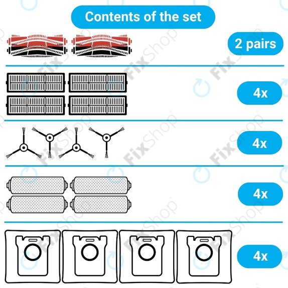 Set di ricambi per Dreame Aqua 10, 10 Ultra (2 paia di spazzole principali, 4x filtro, 4x spazzola laterale, 4x panno mop, 4x sacchetto polvere)