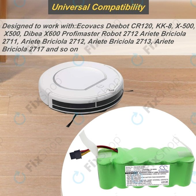 Batteria per Ecovacs Deebot CR120, KK-8, X500, LP43SC2000P, Ni-MH, 2000mAh, 14.4V, HQ