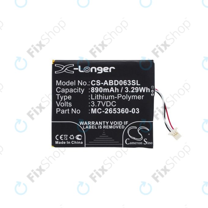 Batteria per Amazon Kindle 7th, 8th, 499, 558, X, MC-265360-03, 58-000083, 890mAh, HQ