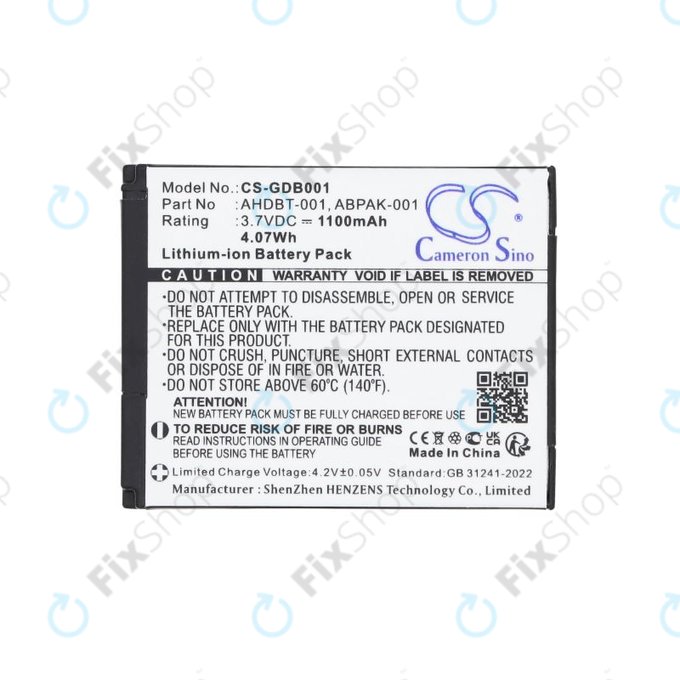 Batteria per GoPro HD Hero, Hero2, AHDBT-001, Li-Ion, 1100mAh, 3.7V, HQ