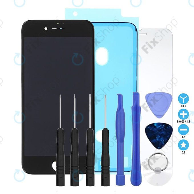 Schermo per iPhone 8, SE (2020), SE (2022), Black, Vetro touch con cornice, Adesivo (Adhesive), Vetro temperato, Kit di attrezzi