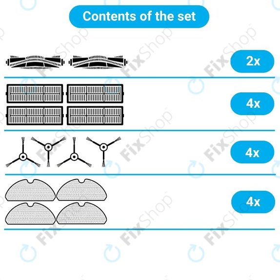 Set di ricambio per Xiaomi Roborock S5 Max, S6, S6 MaxV, S6 Pure, Xiaowa E3 (2x spazzole principali, 4x filtri, 4x spazzole laterali - Bianco, 4x panni mop)