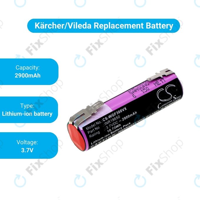 Batteria per Karcher WV1, WV2, WV2 Plus, WV2 Premium, WV50 Plus, WV70 Plus, INR18650, Li-Lon, 2900mAh, 3.7V, HQ
