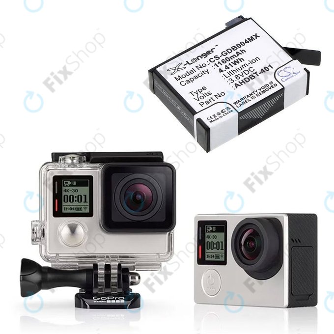 Batteria per GoPro Hero 4, AHDBT-401, Li-Ion, 1160mAh, 3.8V, HQ