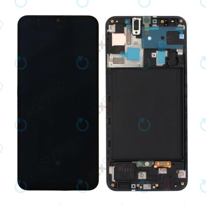 Schermo per Samsung A50 A505F, Black, Vetro touch con cornice, GH82-19204A, GH82-19713A, GH82-19714A, GH82-19289A, Genuine Service Pack