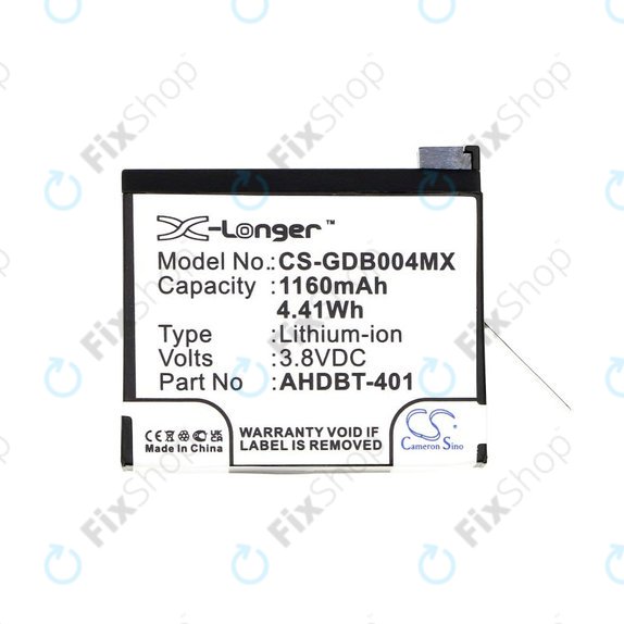 Batteria per GoPro Hero 4, AHDBT-401, Li-Ion, 1160mAh, 3.8V, HQ