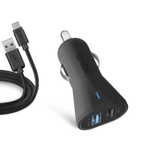 Caricatore da auto 2x USB e cavo da USB a USB-C, Black, SBS