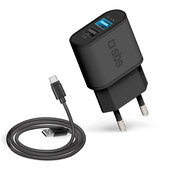 Adattatore di ricarica 10W 2x USB e cavo da USB a USB-C, Black, SBS