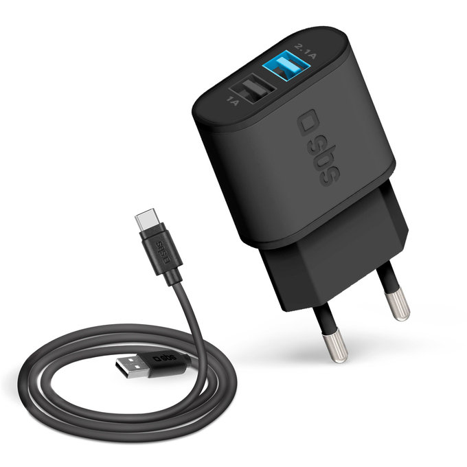Adattatore di ricarica 10W 2x USB e cavo da USB a USB-C, Black, SBS