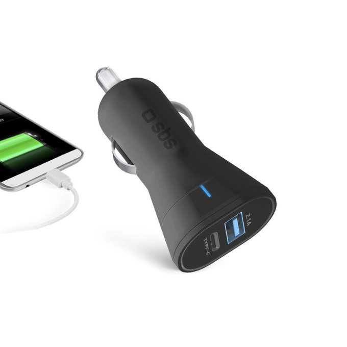 Caricatore da auto USB e USB-C 2.1A 3A, Black, SBS