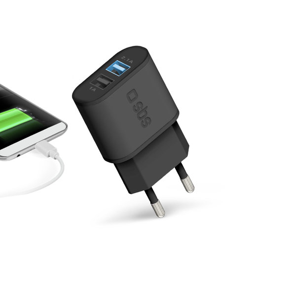 Adattatore di ricarica 10W 2x USB, Black, SBS
