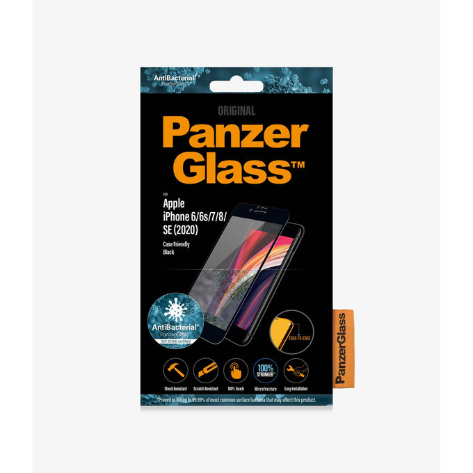 Vetro temperato Case Friendly AB per iPhone 6, 6s, 7, 8, SE 2020, SE 2022, Black, PanzerGlass