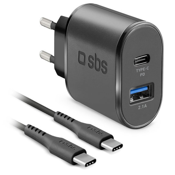 Adattatore di ricarica 18W USB e USB-C con cavo da USB-C a USB-C, Black, SBS