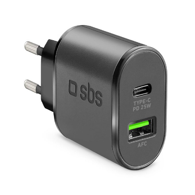 Adattatore di ricarica 25W USB e USB-C, Black, SBS