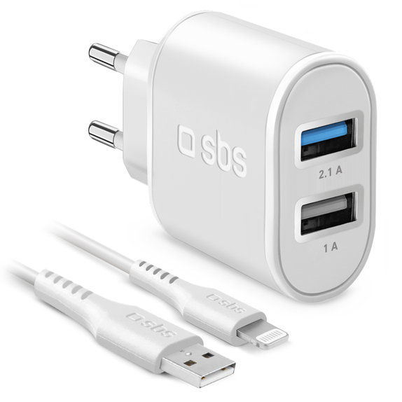 Adattatore di ricarica 10W 2x USB con cavo da USB a Lightning, White, SBS