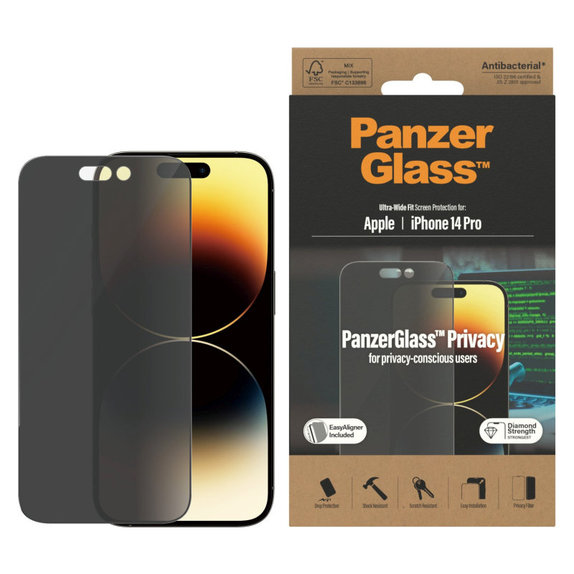 Vetro temperato UWF Privacy AB con applicatore per iPhone 14 Pro, Nero, PanzerGlass