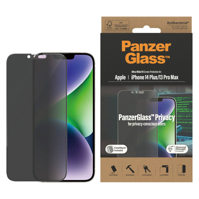 Vetro temperato UWF Privacy AB con applicatore per iPhone 14 Plus/13 Pro Max, Nero, PanzerGlass