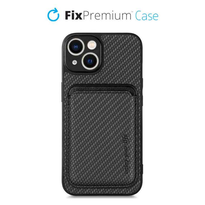 Custodia Carbon con MagSafe Wallet per iPhone 13, 14, Black, FixPremium