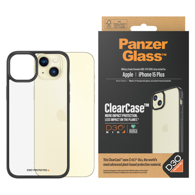 Custodia ClearCase D3O per iPhone 15 Plus, Nero, PanzerGlass