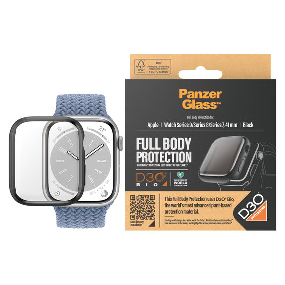 Vetro temperato Full Body D3O per Apple Watch 9/8/7 41 mm, Nero, PanzerGlass