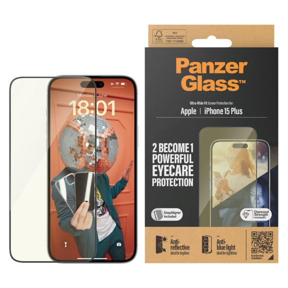 Vetro temperato UWF Eyecare con applicatore per iPhone 15 Plus, Nero, PanzerGlass