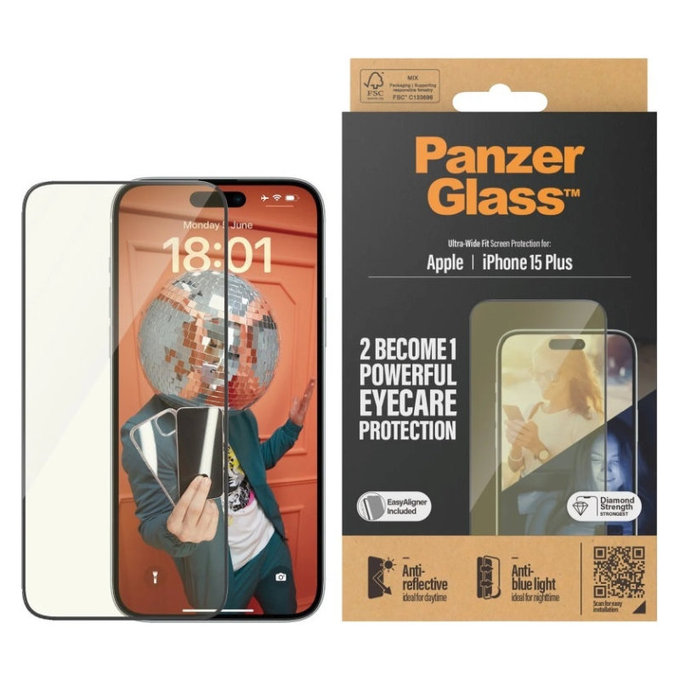Vetro temperato UWF Eyecare con applicatore per iPhone 15 Plus, Nero, PanzerGlass