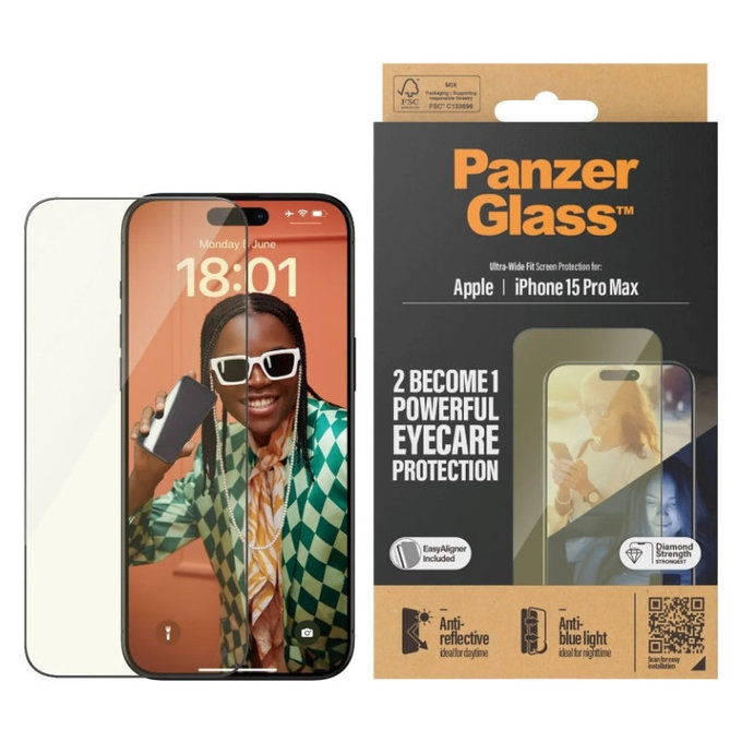Vetro temperato UWF Eyecare con applicatore per iPhone 15 Pro Max, Nero, PanzerGlass