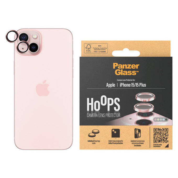 Protezione obiettivo fotocamera Hoops per iPhone 15/15 Plus, Rosa, PanzerGlass