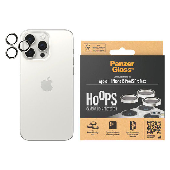 Protezione obiettivo fotocamera Hoops per iPhone 15 Pro/15 Pro Max, White Metal, PanzerGlass