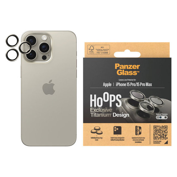 Protezione obiettivo fotocamera Hoops per iPhone 15 Pro/15 Pro Max, Natural Titanium, PanzerGlass