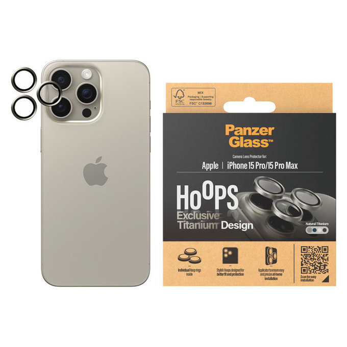 Protezione obiettivo fotocamera Hoops per iPhone 15 Pro/15 Pro Max, Natural Titanium, PanzerGlass
