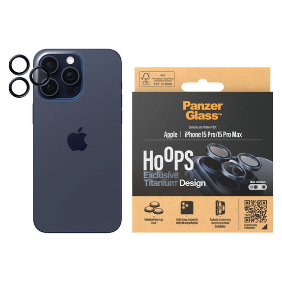 Protezione obiettivo fotocamera Hoops per iPhone 15 Pro/15 Pro Max, Blue Titanium, PanzerGlass