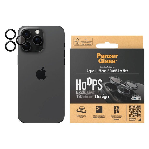Protezione obiettivo fotocamera Hoops per iPhone 15 Pro/15 Pro Max, Black Titanium, PanzerGlass