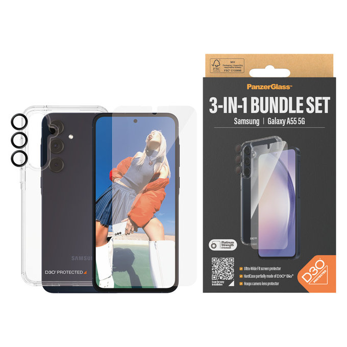 Bundle Hoops + Vetro temperato UWF + Hard Case D3O per Samsung Galaxy A55 5G, PanzerGlass