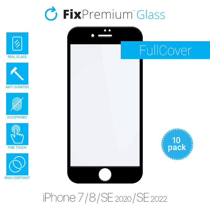 Vetro temperato FullCase 10 pz. per iPhone 7, 8, SE 2020, SE 2022, FixPremium