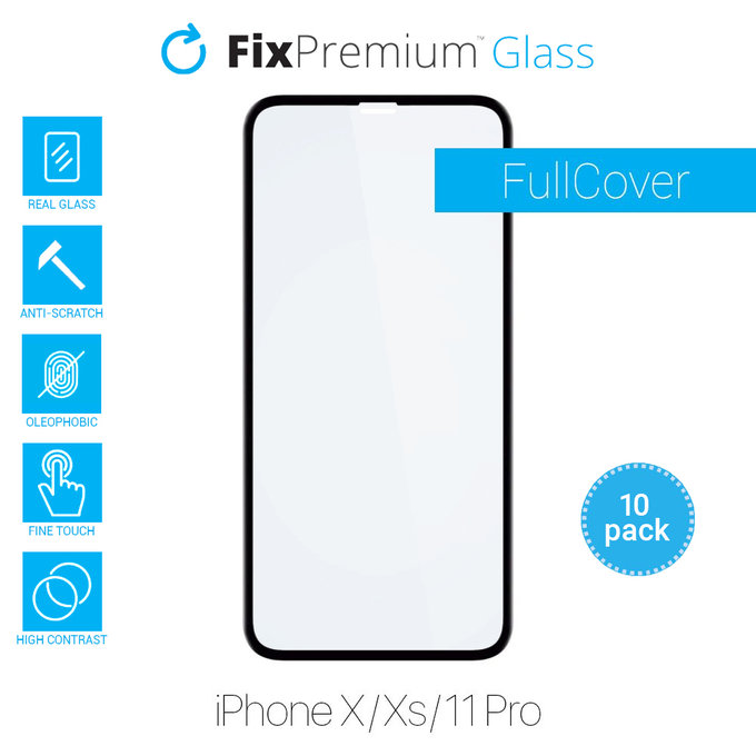 Vetro temperato FullCase 10 pz. per iPhone X, XS, 11 Pro, FixPremium
