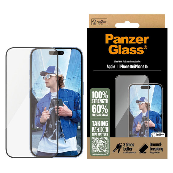 Vetro temperato UWF con applicatore per iPhone 16/15, Nero, PanzerGlass